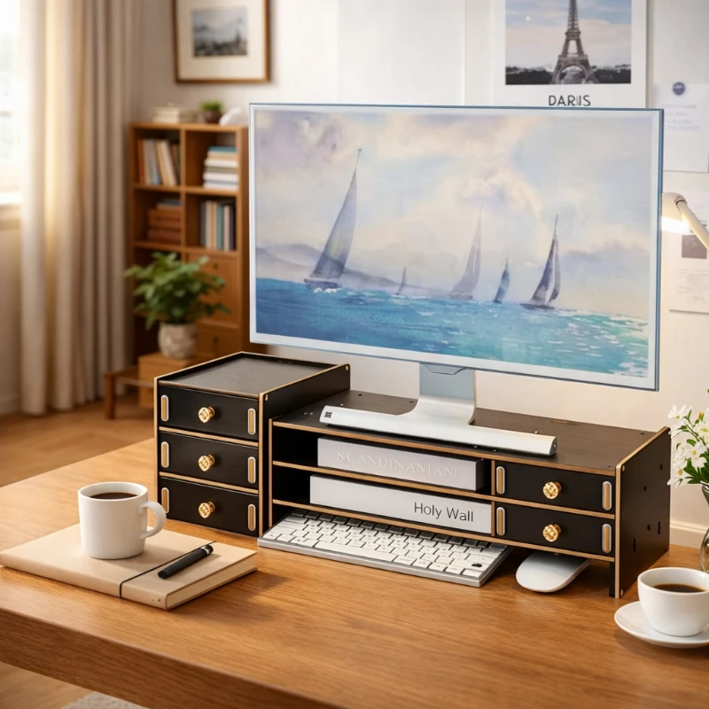Monitor Riser Stand with Drawer DesktopOrganizer Computer Screen Heighten Base Space Saving Rack for Office Home Workspace Setup