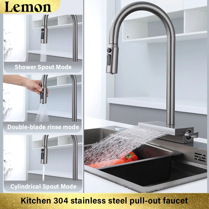 

Kitchen pull-out stainless steel faucet, pull-out design, multi-functional pressurized spout, hot and cold dual control