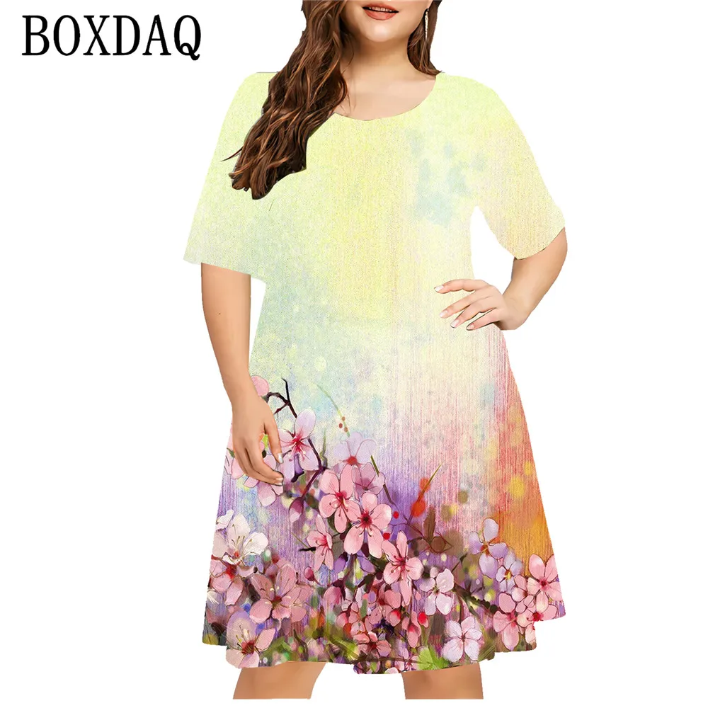 Letnie Tie Dye sukienka w kwiaty kobiet kwiatowy nadruk 3D sukienka z krótkim rękawem luźna Plus Size damska casualowa sukienka z okrągłym dekoltem