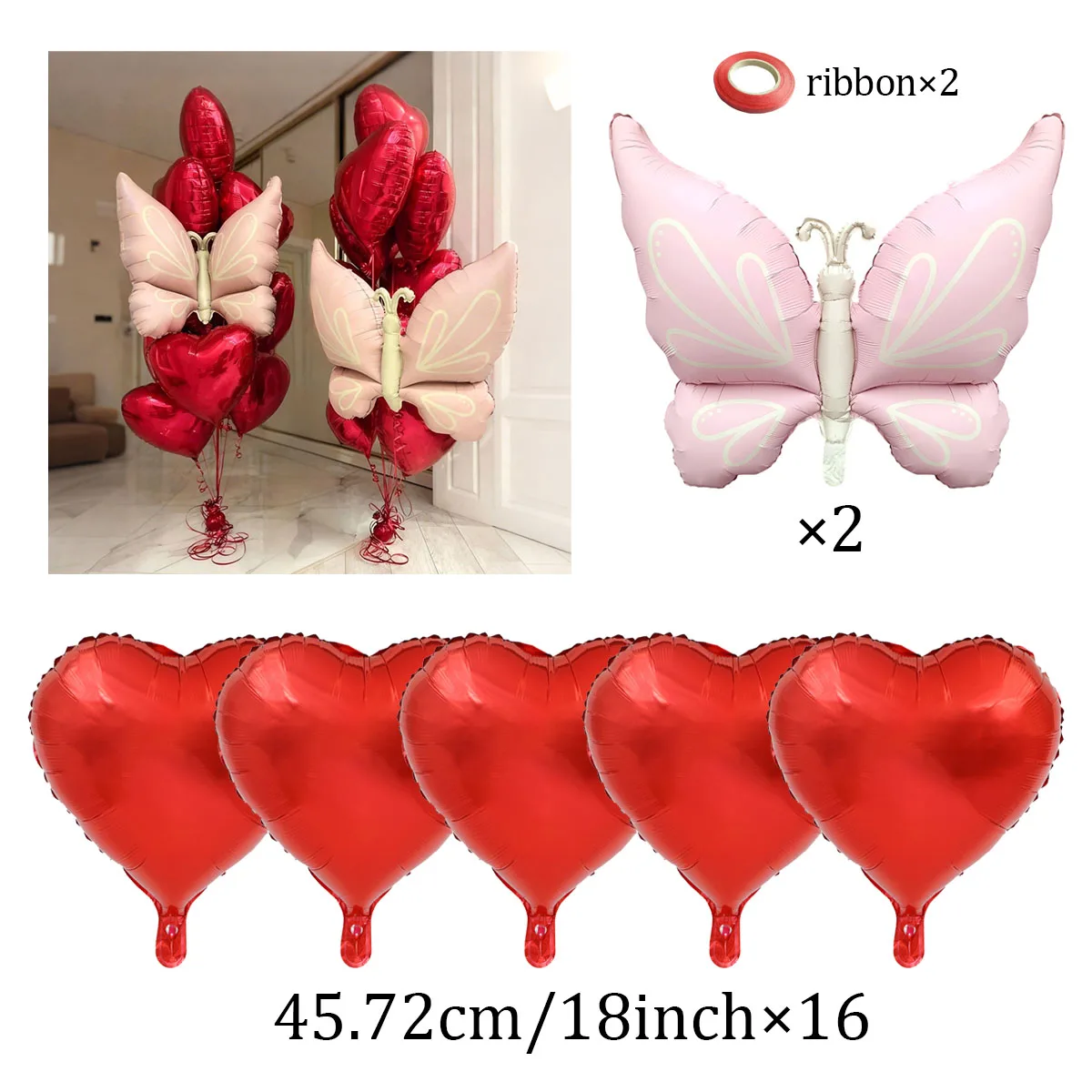 Rosa Schmetterlings-Ballon-Set, 45,7 cm, rotes Herz, Aluminiumfolie, Ballon für Geburtstag, Vorschlag, Valentinstag, Duschdekoration – Detail 2