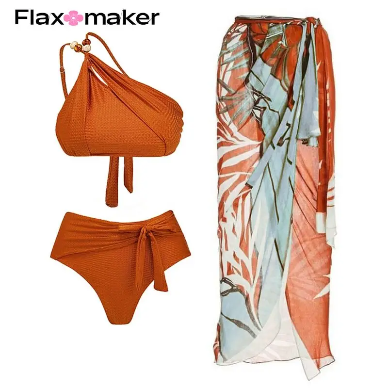 

FLAXMAKER Stones Beaded One Shoulder Bikini Swimsuit and Sarong Summer Swimwear Women Beachwear