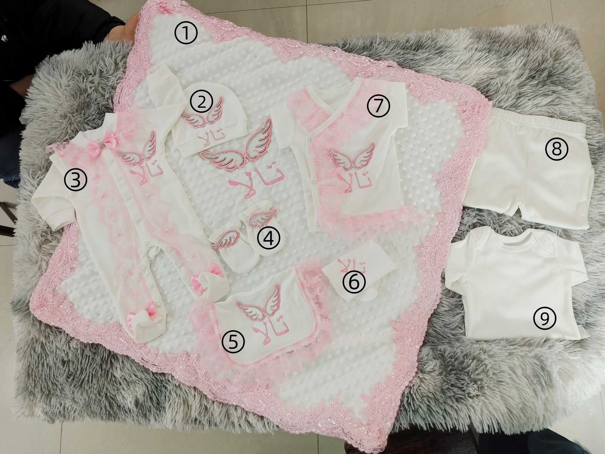 Organic Cotton 9Pcs Baby Girl Set – Angel Wing Romper with Embroidery Footed Onesie – For Sensitive Skin Baby Shower