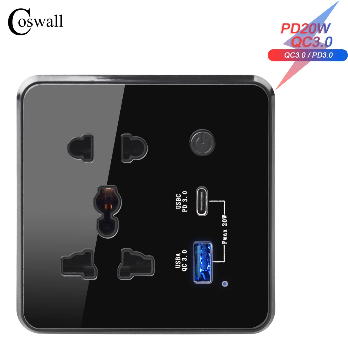 Coswall Tuya presa universale + Daul USB 20W Type-C caricabatterie rapido QC 3.0 DC 5V/9V/12V uscita con interruttore principale a chiave fisica