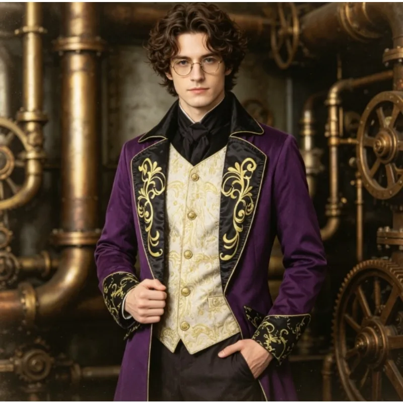 

Men's Steampunk Medieval Gothic Victorian Frock Coat Long Jacket for Cosplay Stage Performance and Themed Party