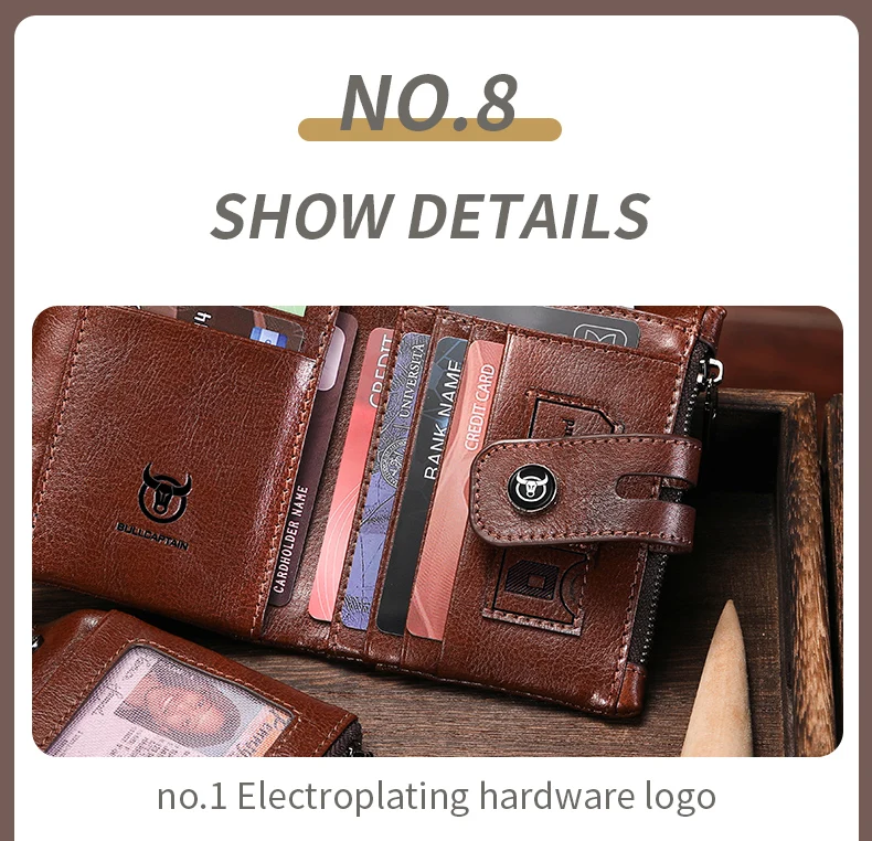BULLCAPTAIN Herren-Geldbörse aus echtem Leder, Business-Retro-Schnapp-Geldbörse, multifunktionale RFID-Anti-Diebstahl-Reißverschluss-Geldbörse mit mehreren Karten – Detail 10