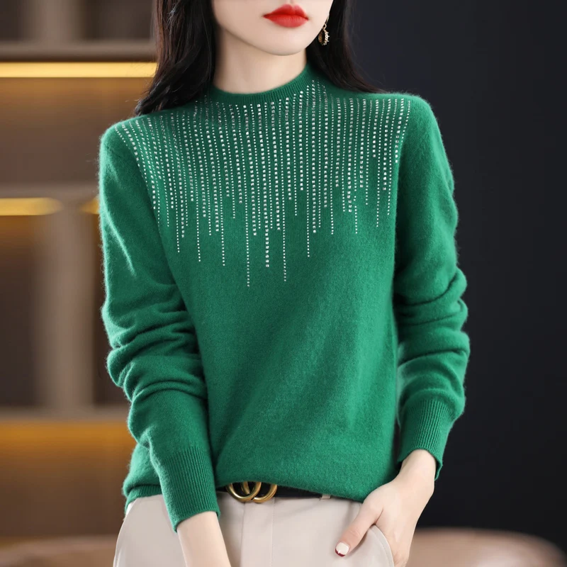 

Fall/Winter Half-high Neck 100% Pure Wool Knitwear Lady's Diamond-Encrusted Bottoming Shirt Commuter Loose Sweater