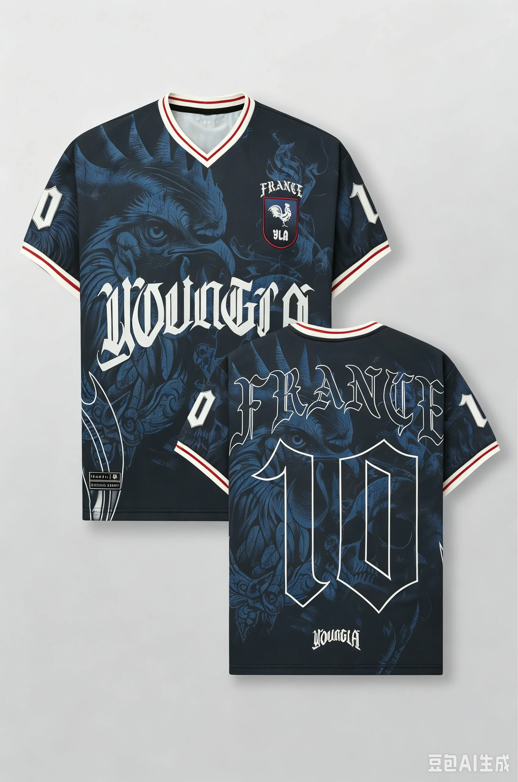 3D Printing France No.10 Football Jersey, Eagle Skull Gothic Print Dark Blue Short‑sleeve Street Soccer Shirt  A Family Set