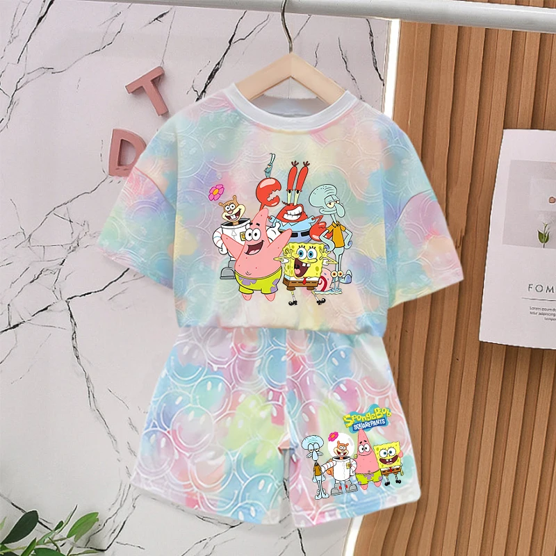 SpongeBob SquarePants Tie-dye Smlie Tees Children's Cute Short Sleeves Baby T Shirt Shorts 2pcs Boy Girl Summer Clothing Sets