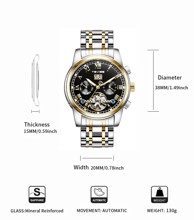 Tevise Luxury Men's Automatic Mechanical Gold Full Stainless Steel Tourbillon Business Chronograph Waterproof & Luminous Watch