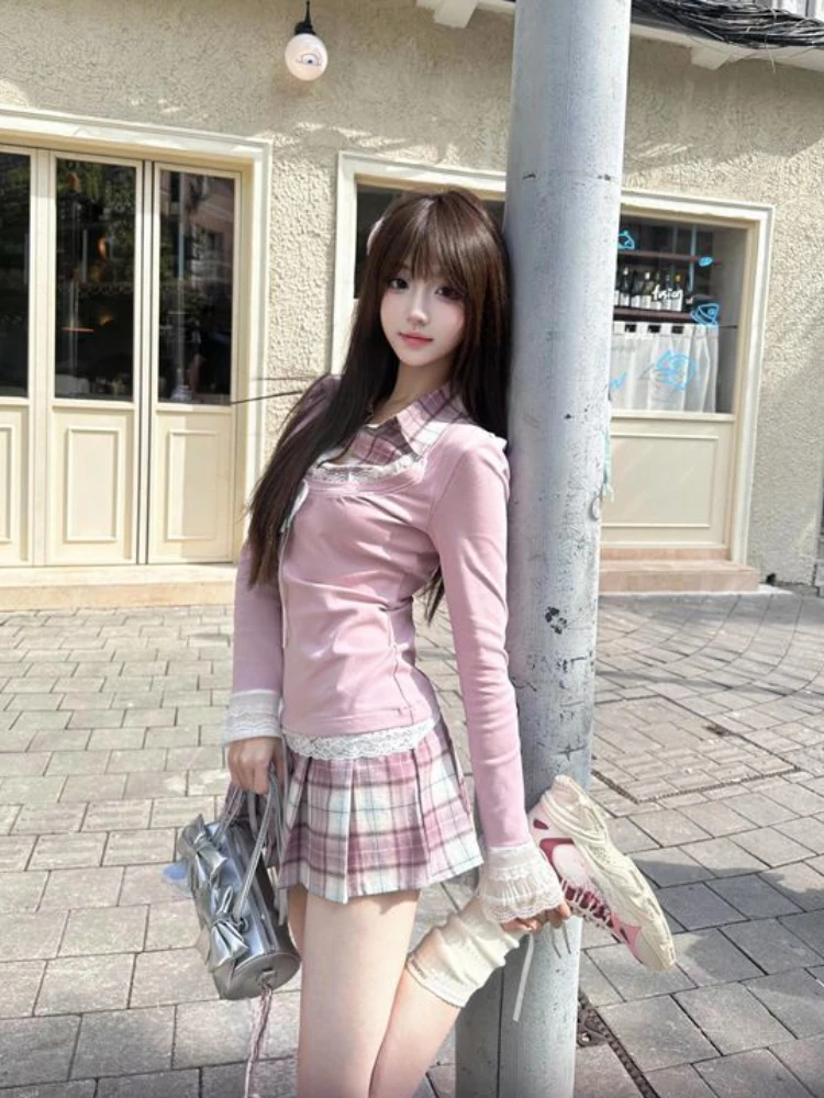 Autumn Winter College Style Sweet Design Fake Two Dress Patchwork Plaid Slim Y2k Mini Dress Gyaru Casual Fashion Dress Woman