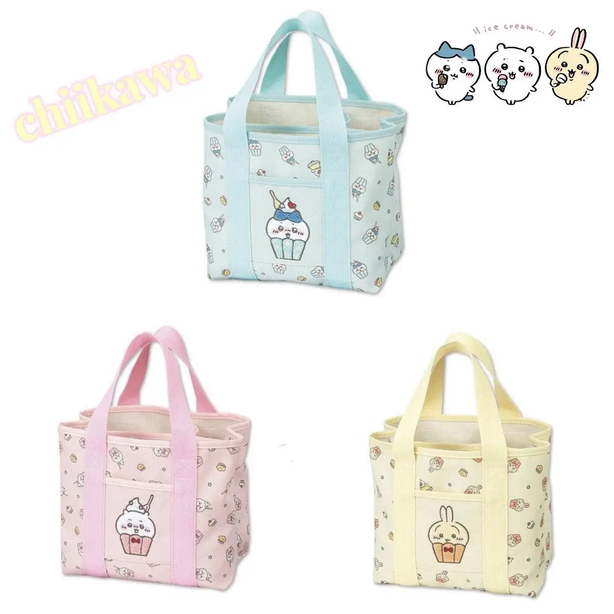 

MINISO Chiikawa chikova kawaii Usachi printed canvas bag Cartoon cute Embroidery pattern Storage items Pack lunch Girl's Gift