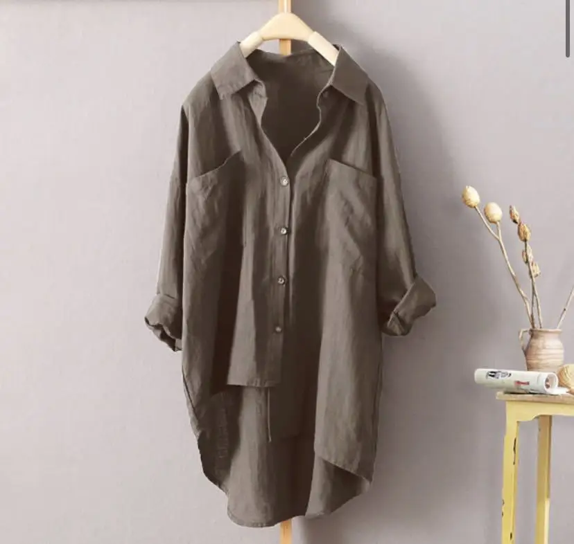 قميص نسائي بلون سادة مقاس كبير وأكمام طويلة وجيوب وبلوزات فضفاضة من الأمام وقصيرة من الخلف وطويلة غير رسمية للشارع للنساء