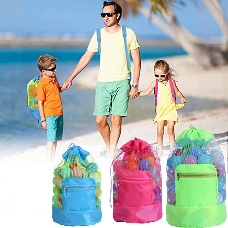 Beach Toy Mesh Collapsible Beach Bag Beach Storage Pouch Tote Bag Travel Toy Organizer Sundries Net Drawstring Storage Backpack