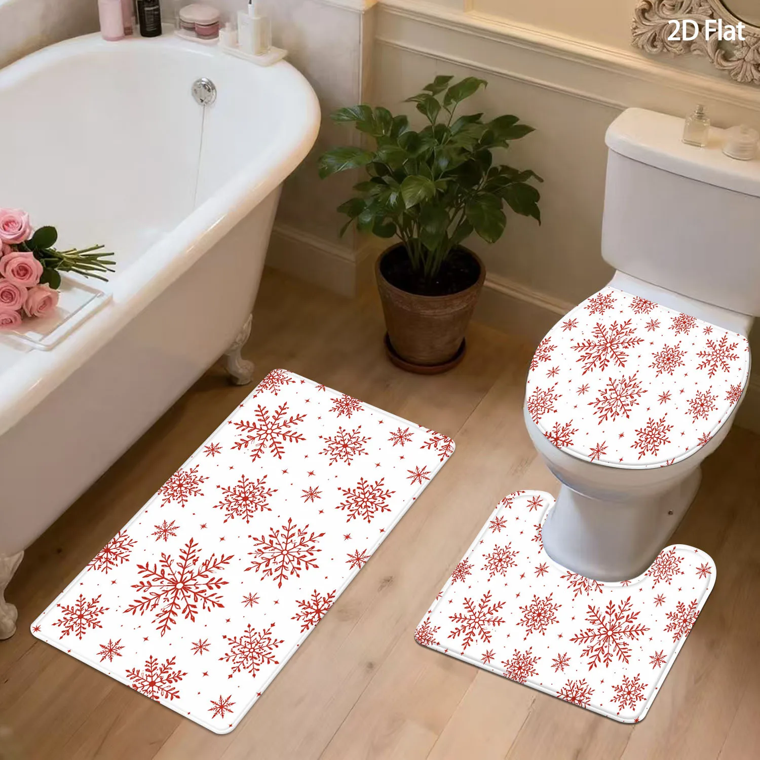 2D Flat Red Snowflake Christmas Bathroom Mat Set, 3pcs, Winter Snow Holiday Decor for Bathroom