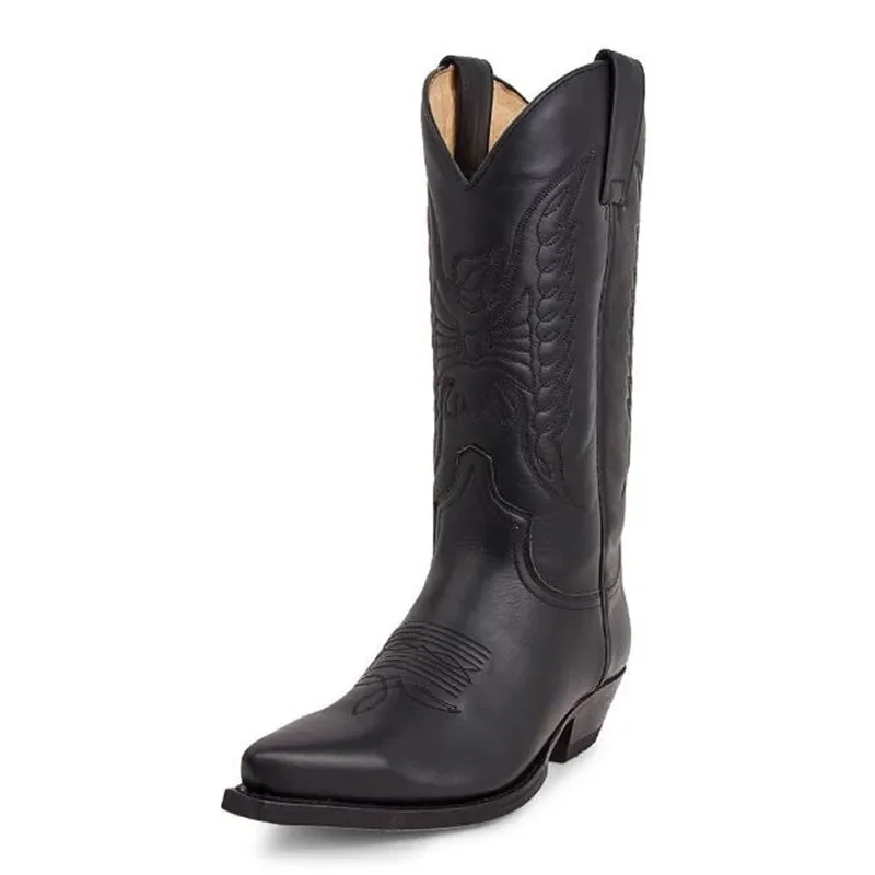 Cowboy Men Women Country Vintage Knight Western Motorcycle Boots Leather Embroidered Pointed Toe Mid Calf Work Shoes Comfortable view 4