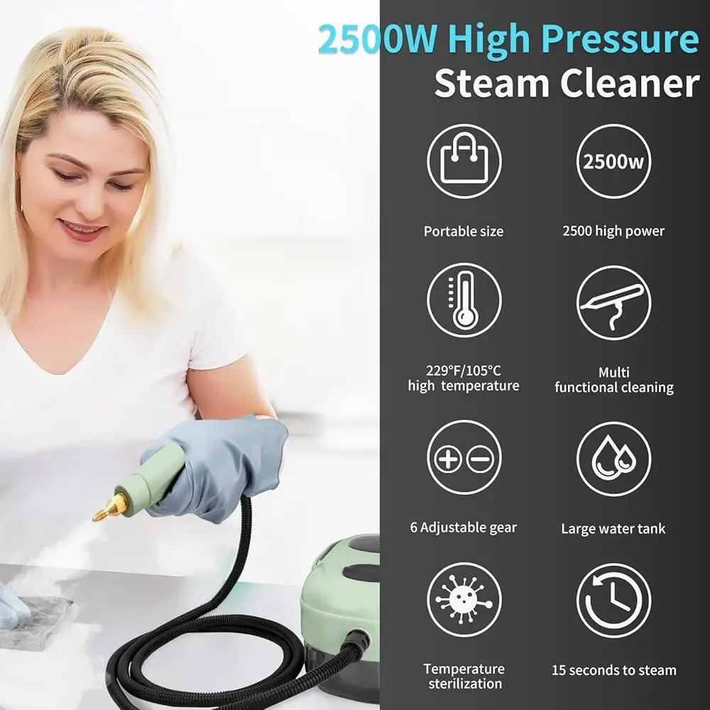 고압 스팀 청소기 2500W 휴대용 핸드헬드 고속 가열 10S, 3개의 브러시 헤드 포함 딥 클리닝 및 얼룩 제거