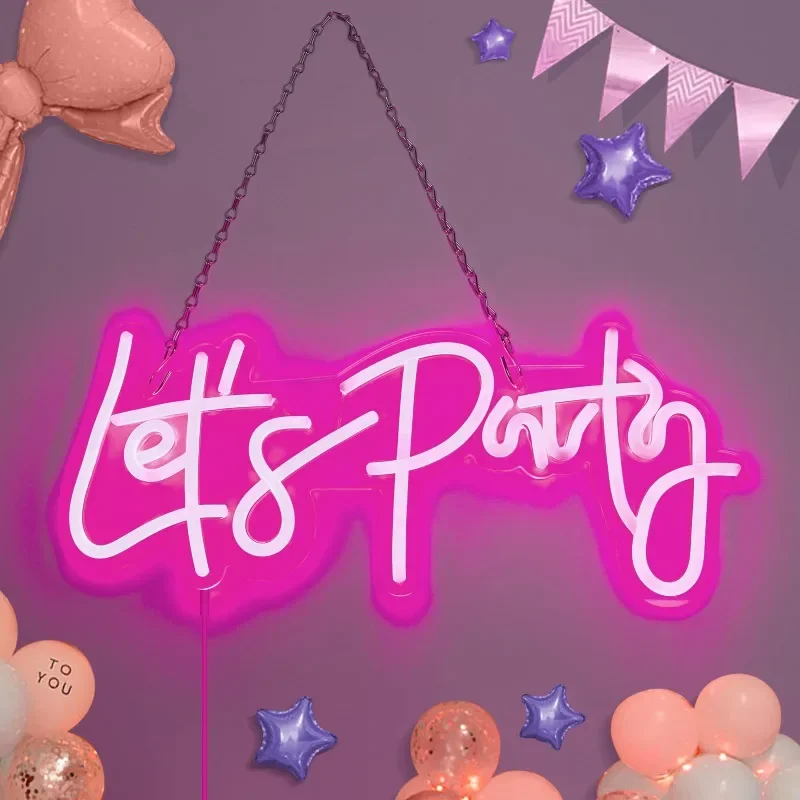 

Dimmable Let's Party Pink Neon Wall Decor 5 Brightness USB LED Light Up Wedding Birthday Bedroom Backdrop 16x7 Inches