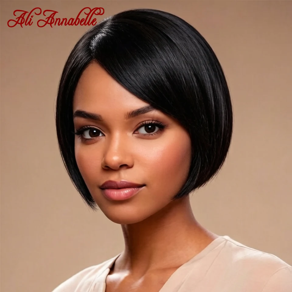 Short Pixie Cut Wig With Bang #1B Color, Human Hair