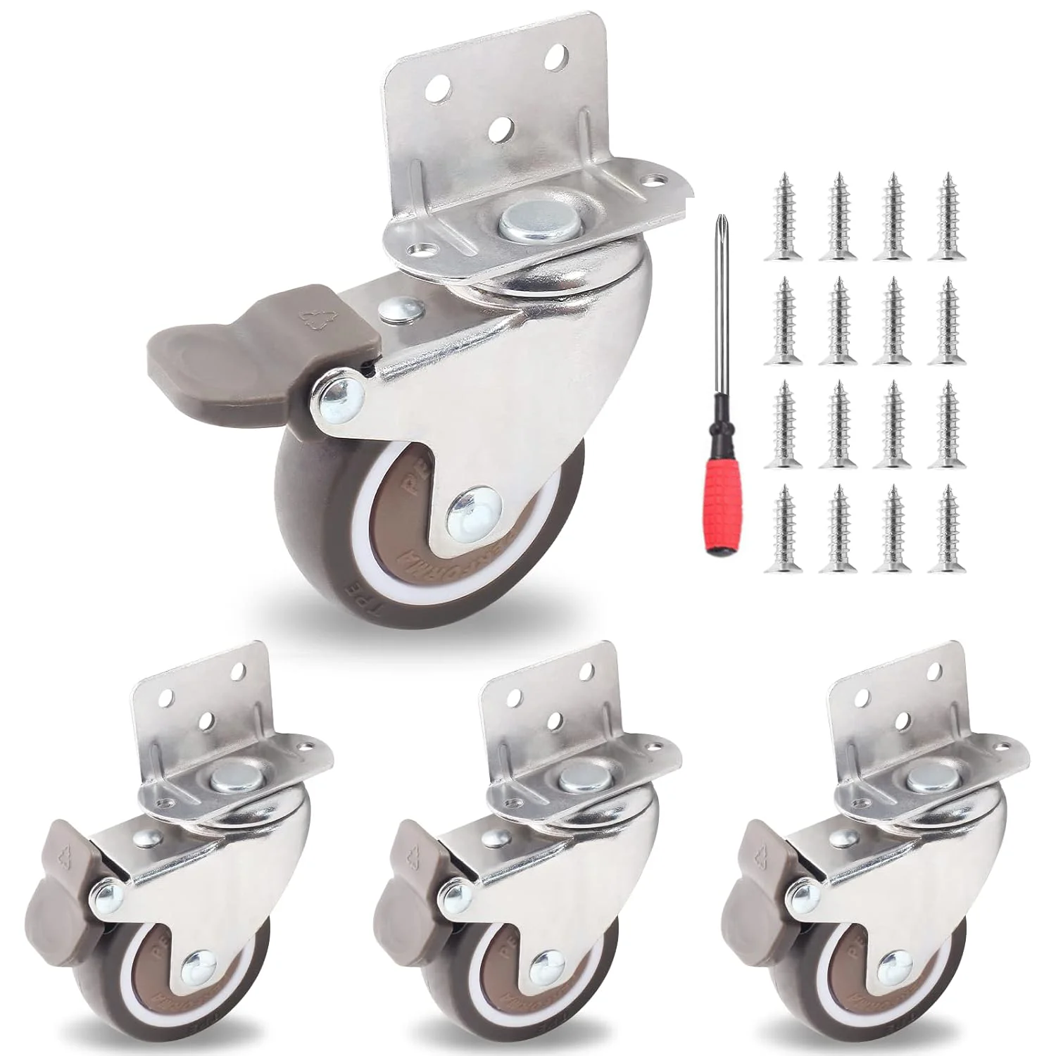 4-Piece Set of 2-Inch Small L-Shaped Rubber Casters, 360-Degree Ball-Bearing Swivel Casters for Furniture