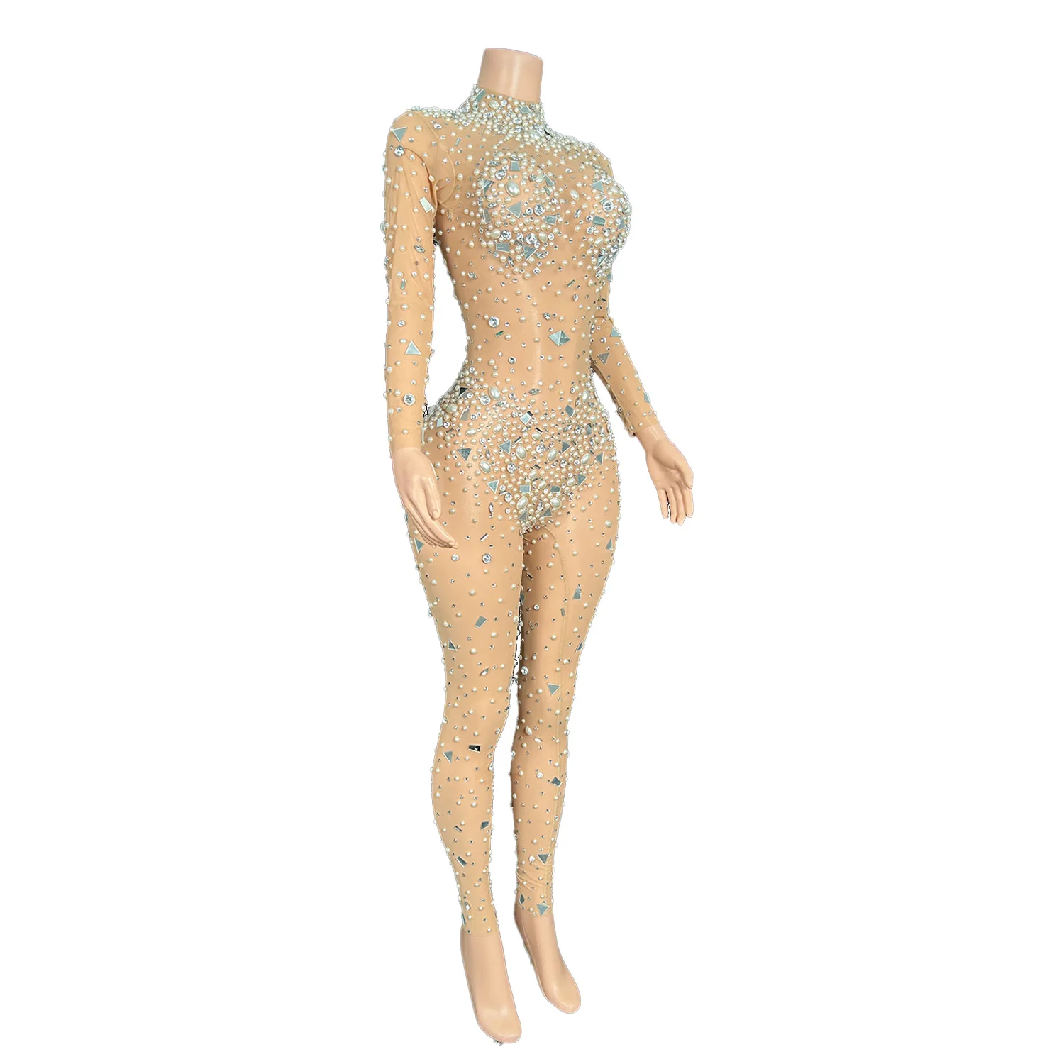 Sexy Rhinestone Bodysuits Sequins Pearls Rompers Stage Performance Outfits Women Pole Dance Outfits Female Jumpsuit Didi