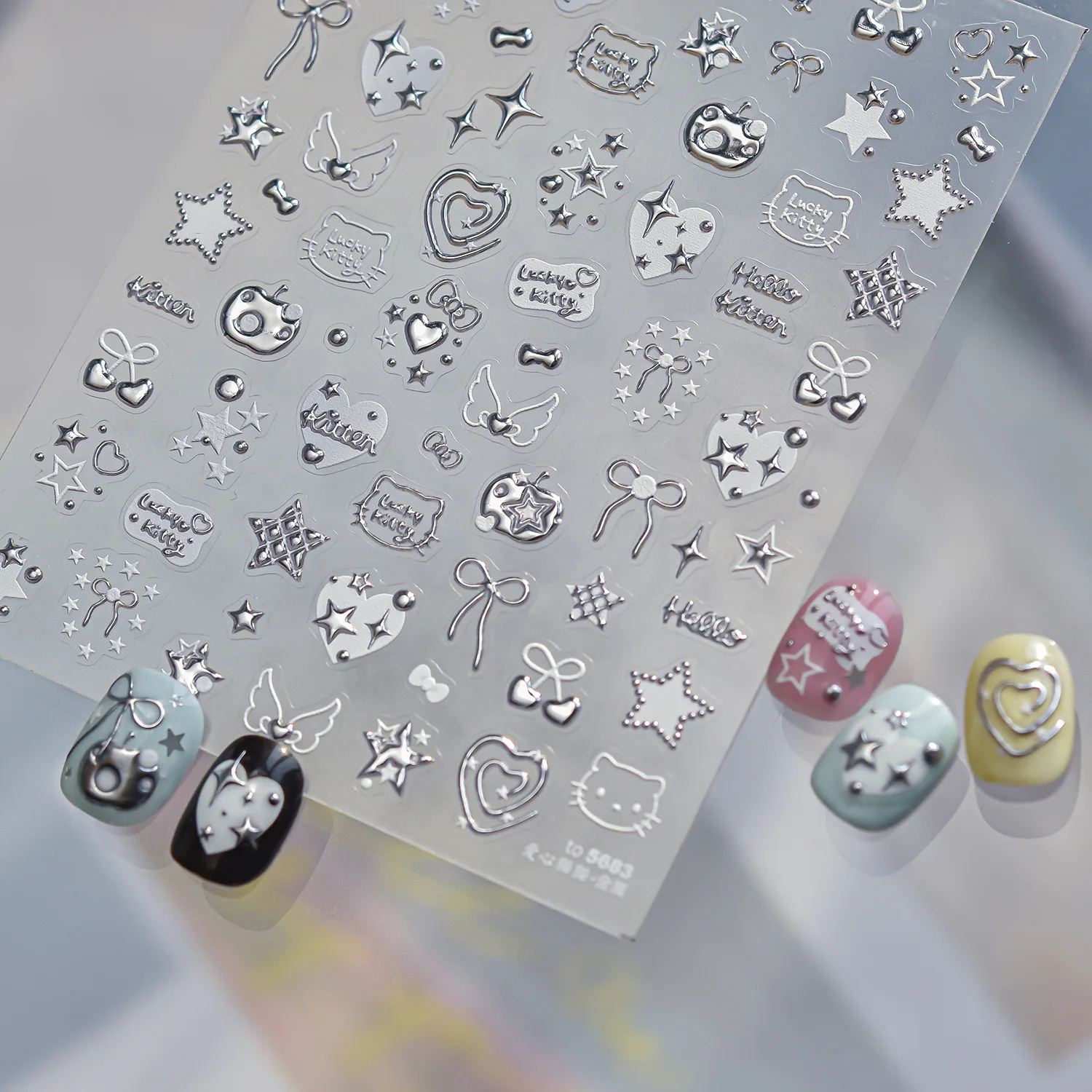 Fashion Silver Metallic Texture Nail Stickers 5D Embossed Stars Bow Love heart Cat Wings  Nail Art Stickers DIY nail decoration