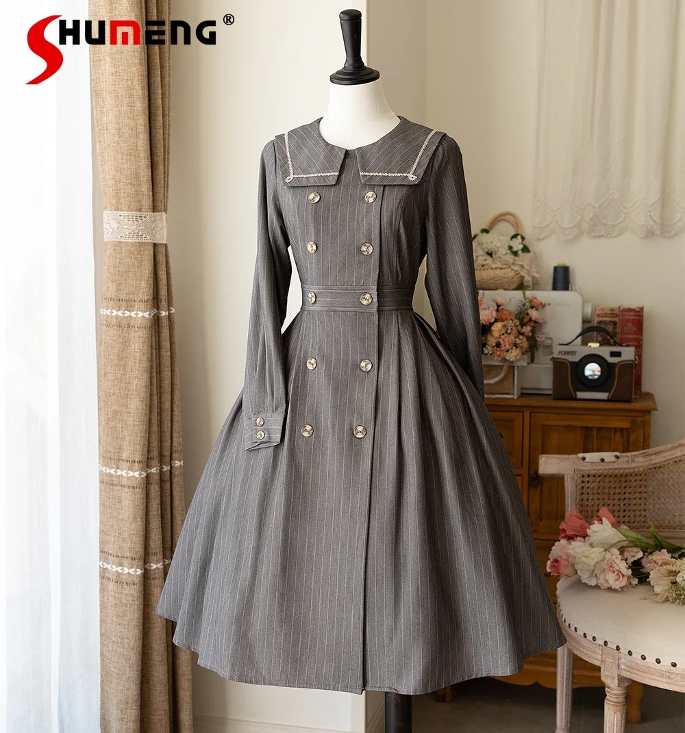 

Original Spring Autumn Vintage Classical Olita Long-sleeved Dress for Women High Waist College Style Student Gray Striped Dress