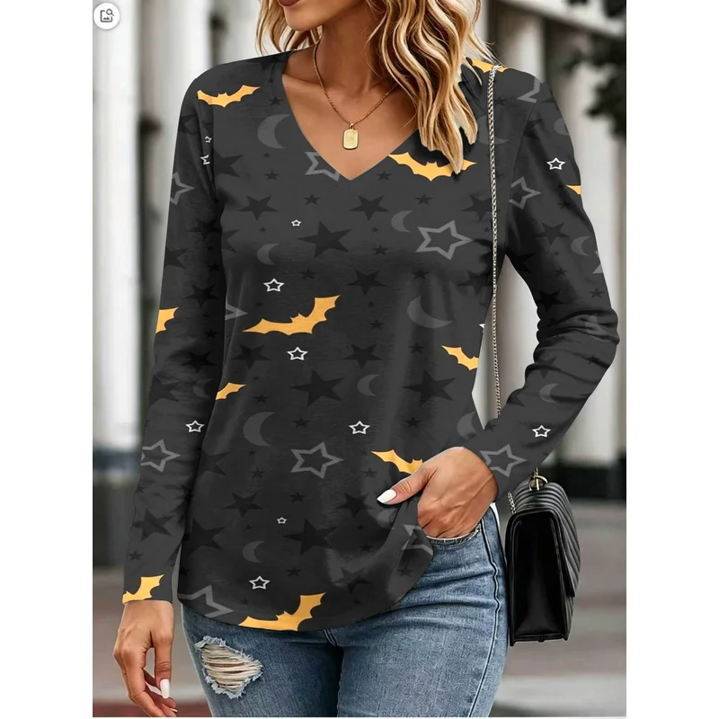 Halloween Pumpkin Smiley Face Print Women's Long Sleeve DressVCollared top worn as a base layer or outer garmentTShirt