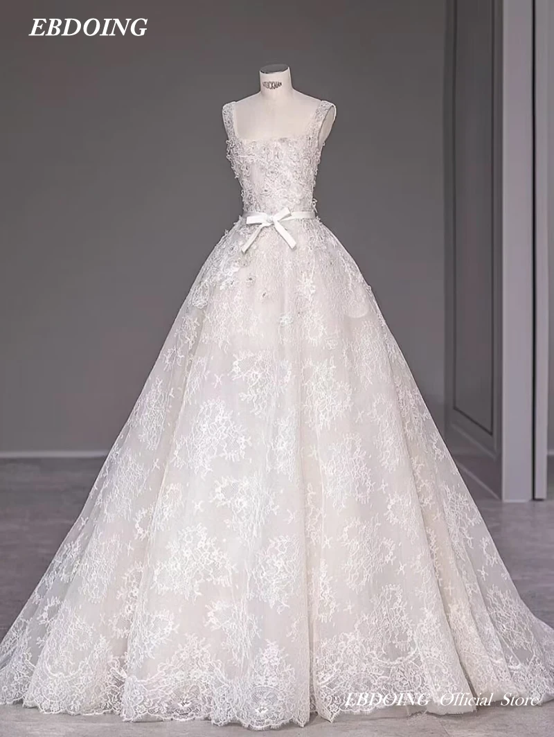 Mais novo vestido de casamento a line para noiva renda gola quadrada com longo-aberto voltar sem mangas feito sob encomenda mais tamanho vestidos de novias