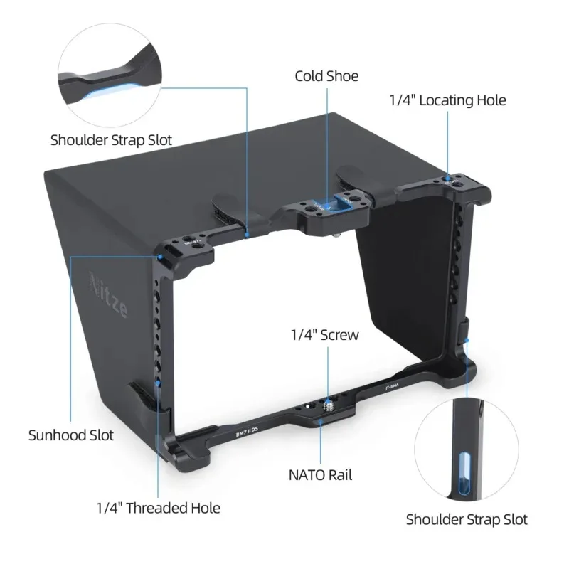 Nitze Monitor Cage for PortKeys BM7 II DS Monitor with PU Leather Sunhood