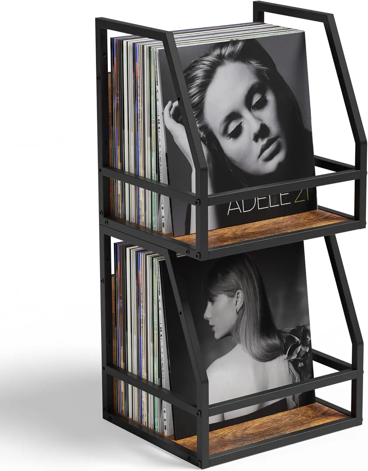 

2-in-1 Vinyl Record Storage Crate, Wood LP Holder for Wall or Desk, Holds 80+ Records, Stackable Magazine Shelf in Brown