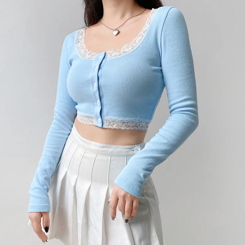 Women Sexy Long Sleeve T Shirts Fashion Lace Ribbed knitting Hollow Crop Tops Slim Elastic Cardigan Tanks Clothes 2024 Autumn