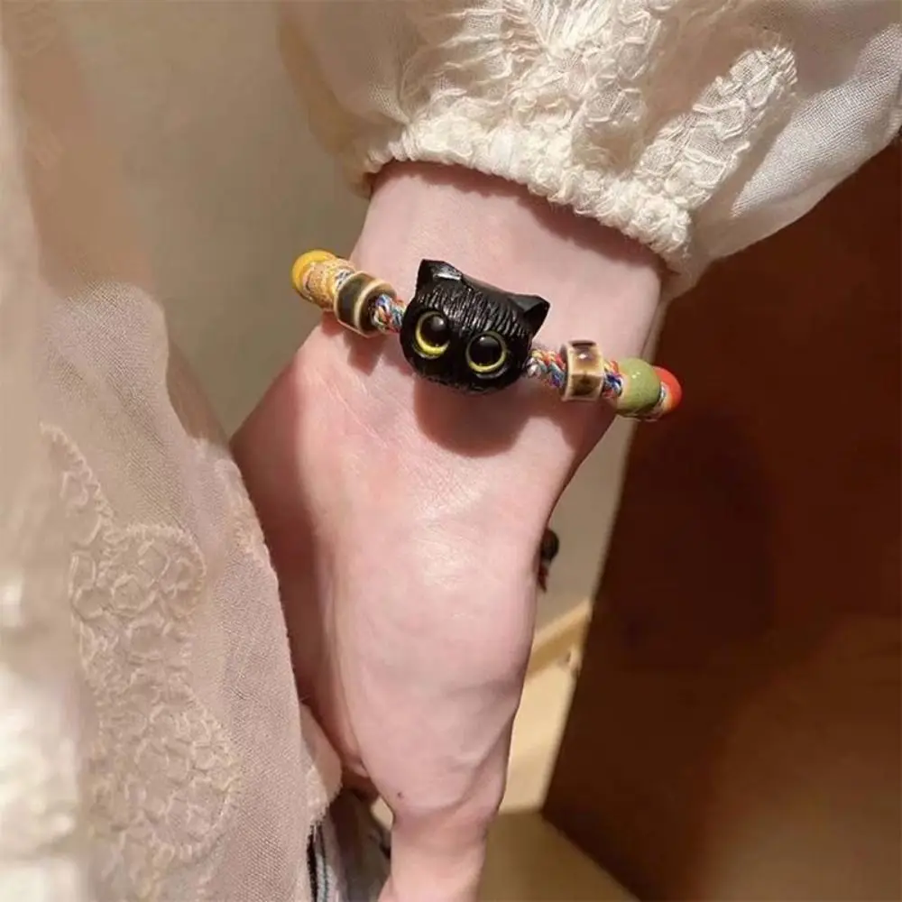 Ceramics Bead Black Cat Bracelet Skull Cat Colorful String Handmade Bead Bracelet Jewelry Accessories Hand Rope