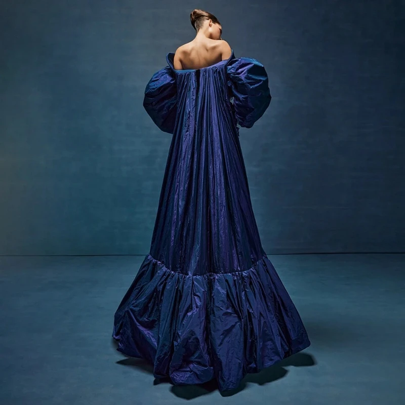 Women Customized Taffeta Long Jacket Wrap With Puffy Short Sleeves Fashion Navy Blue Wedding Cape