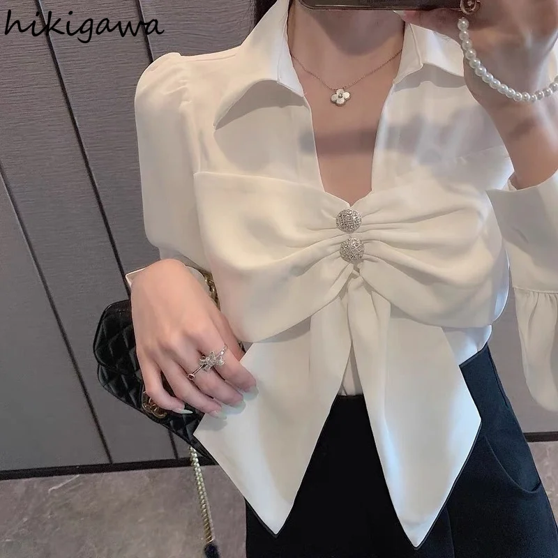 V-neck Long Sleeve Blouses Women\'s Clothing 2023 Korean Fashion White Shirts Ladies Tops Elegant Bow Chiffon Blusas De Mujer