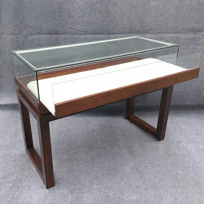custom.Solid Wood Glass Display Cabinet with LED Light Tempered Glass Movable Storage Brown/Transparent School Exhibi