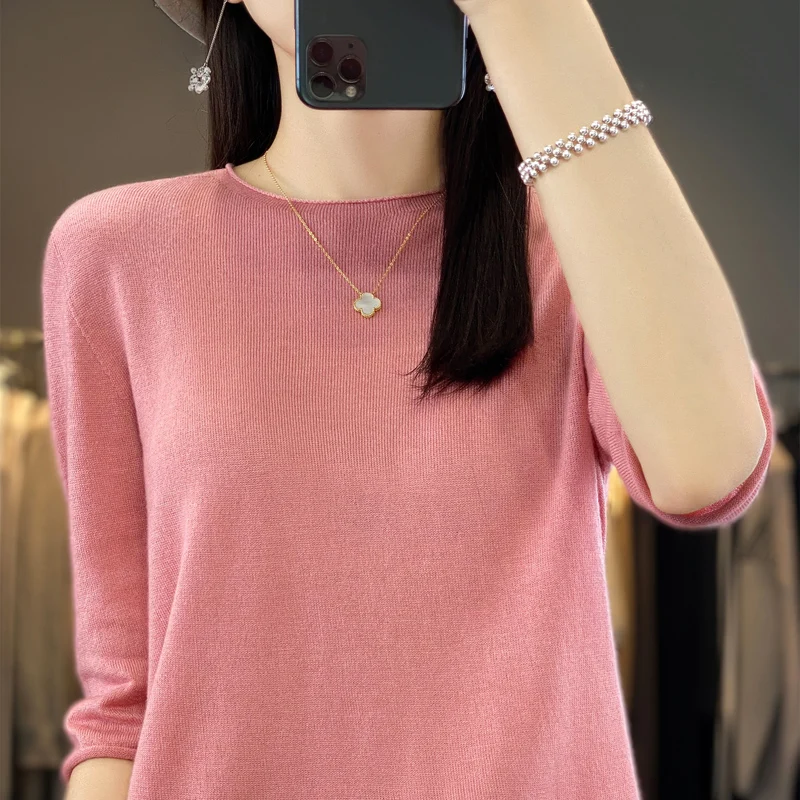 

First line ready to wear women Summer knitted short sleeved T-shirt pullover round neck solid color sweater fashion top T-shirt