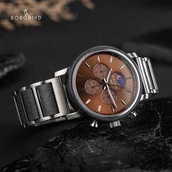 BOBO BIRD Watch for Men Top Brand Moon Phase Chronograph Wooden Watches Luxury Sports Quartz Movement montre homme