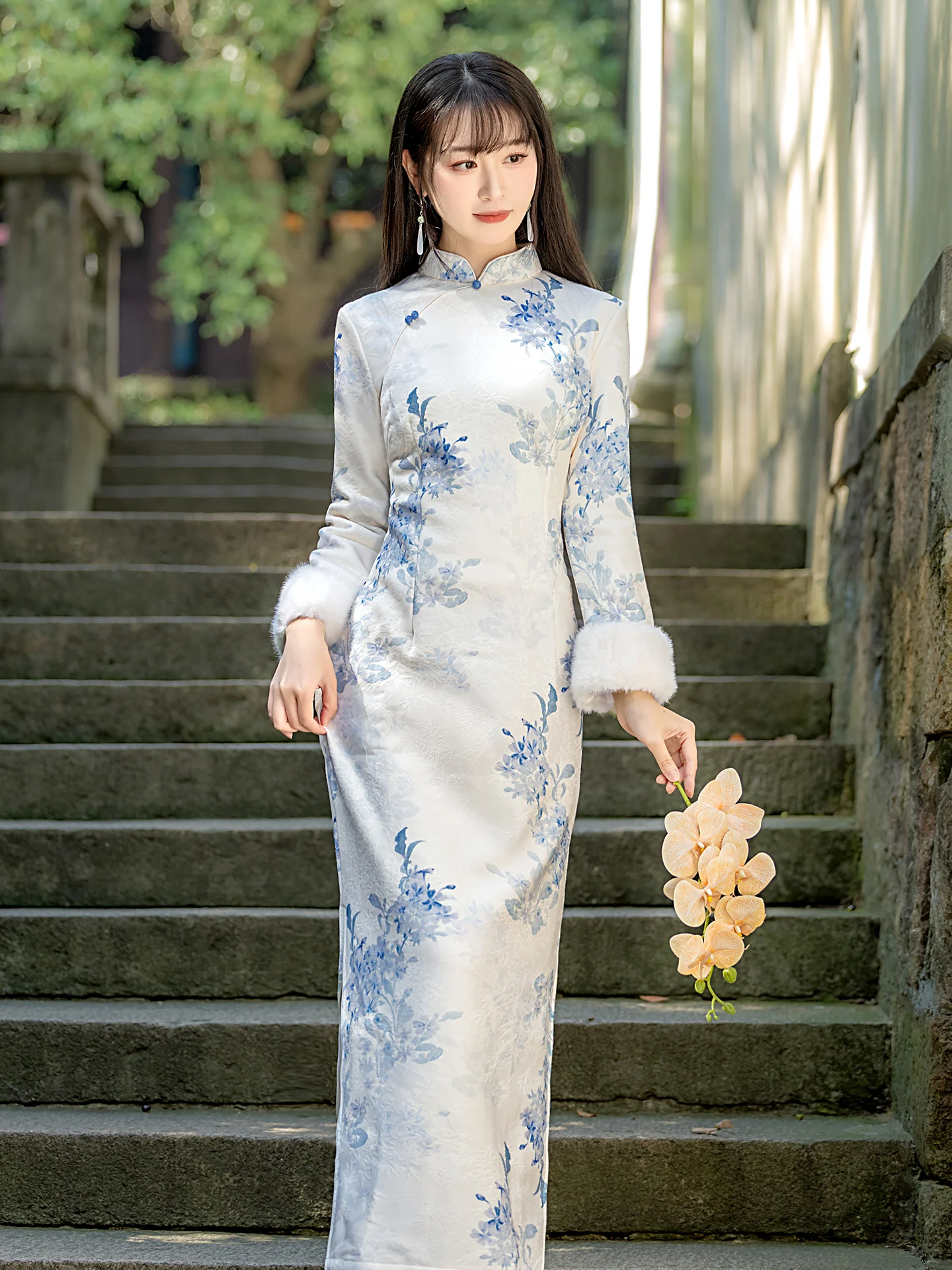 

Winter Thiened Fce Lined Young Sle Improved Chinese Cerc Blue Floral Print Daily Wear Warm Long Sve Dr