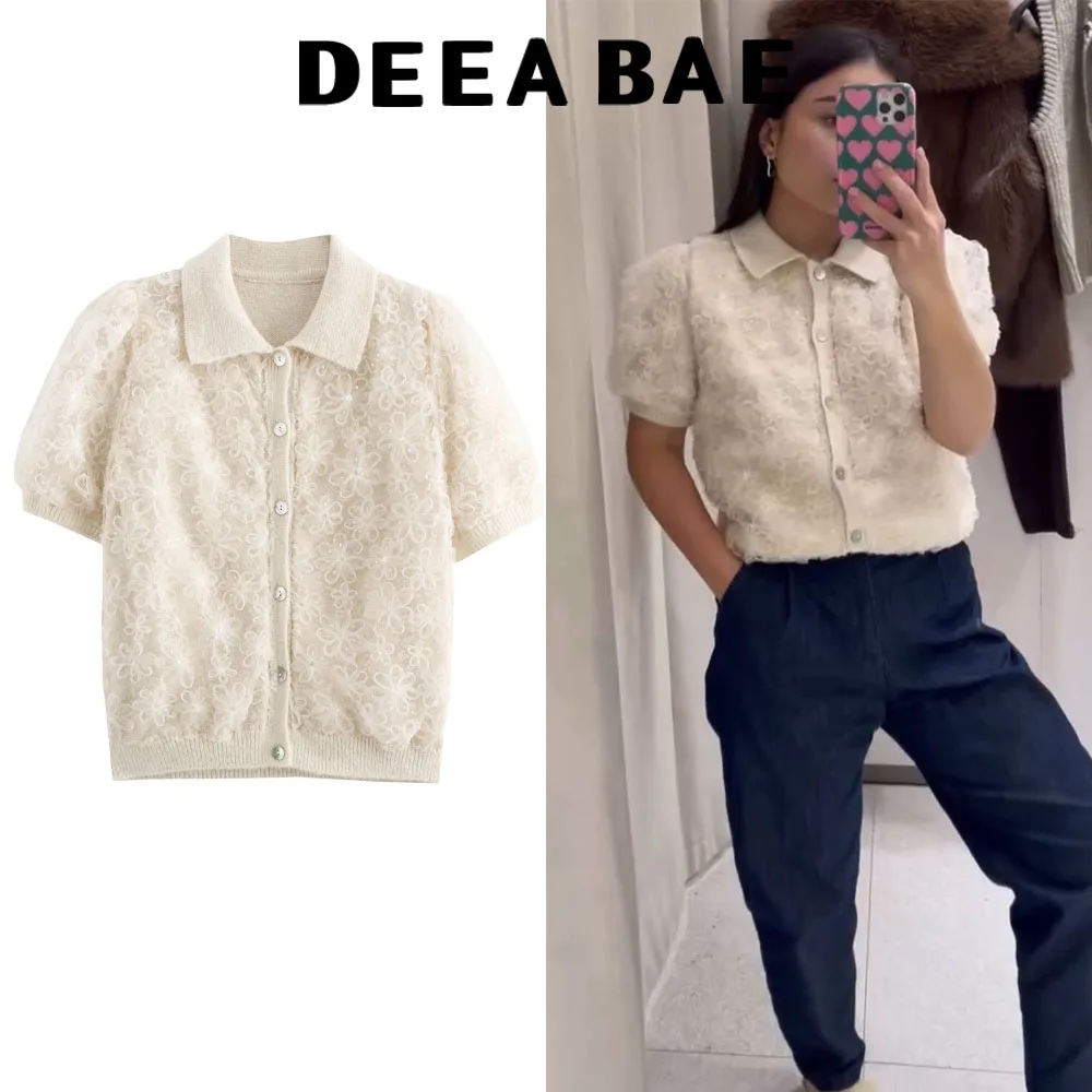 DEEABAE Korea Dongdaemun 2025 Embroidered Top Cardigan Women's Lace Mesh Sweet Short-sleeved Sweater Cardigan New Knit