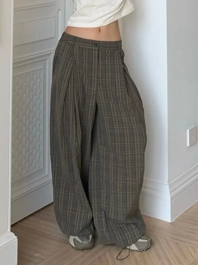 New High Waist Plaid Loose Casual Pants Women Long Pants Lazy Sle Versatile Slimming Design Wide Leg Pants