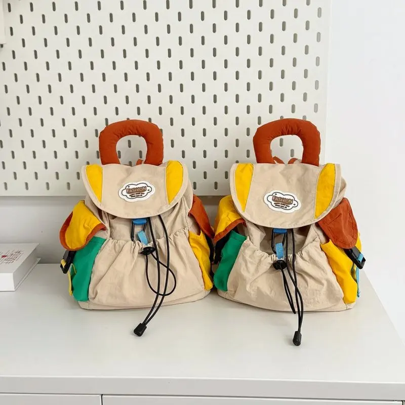 Kids Colorblock Canvas Backpack Drawstring Rucksack With Buckle Closure Cute Ear Decor Casual Travel Daypack For Boys Girls