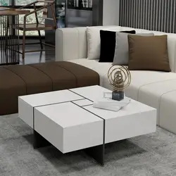 Furnnylane Modern Coffee Table with 4 Drawers,Square Coffee Table with Storage for Living Room,White