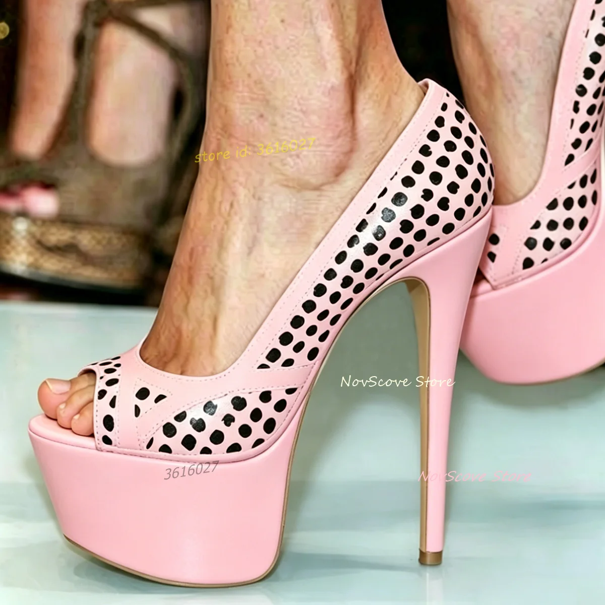 

Туфли-лодочки на платформе с открытым носком, разноцветные, с черными точками, на высоком каблуке-шпильке, с низким вырезом, летние, без застежек, для вечеринок