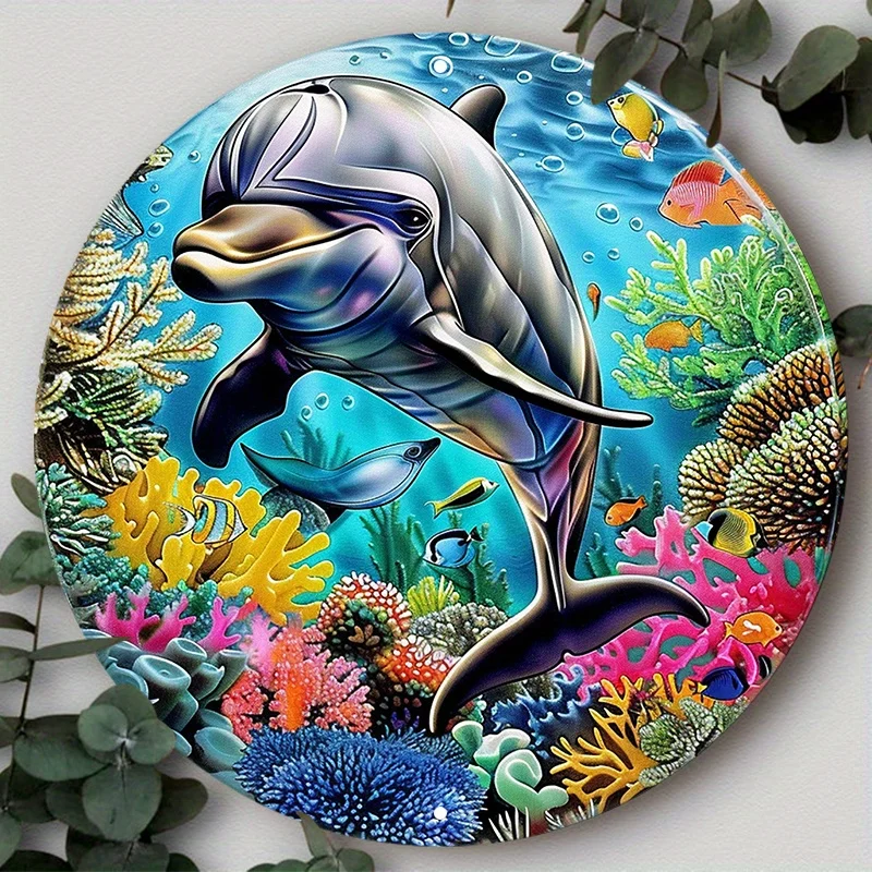 

Aluminum Metal Sign, Dolphin & Coral Reef Wreath Decoration, Suitable for Home, Office, Event Decorat, Decorative Wall Poster