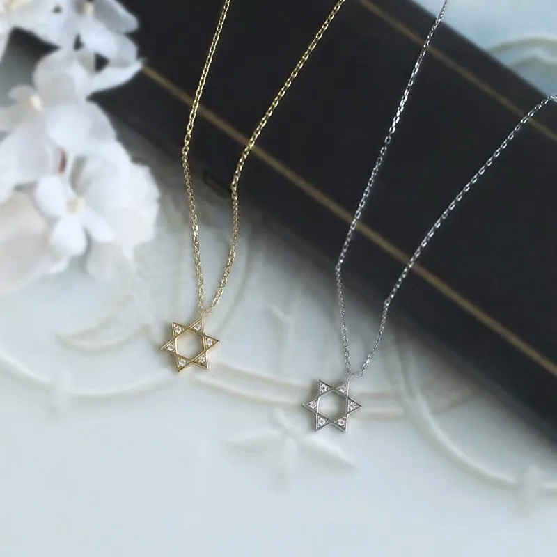 Sterling silver hexagram necklace gold plated jeweled hollow Star of David pendant necklace for women