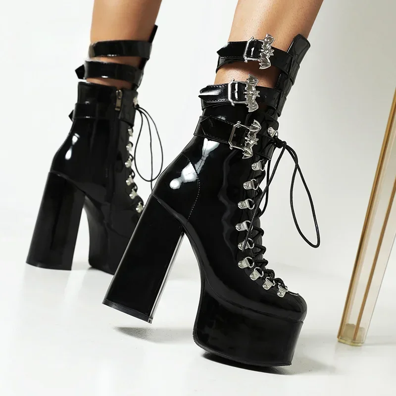 Gothic Style Black Platform Boots Bat Wings Sexy Clube Night Modern Boots Women Mid Calf Ankel Buckle Strap Plus Size 46