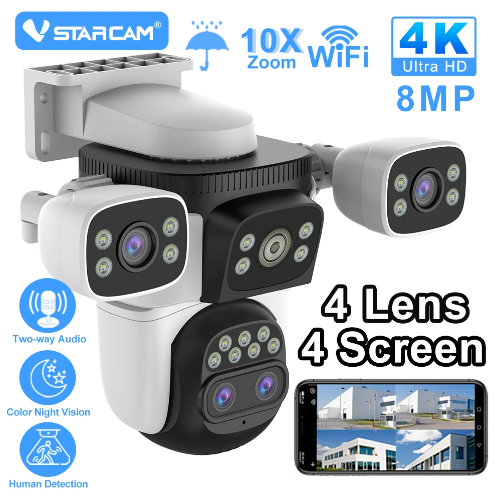 Vstarcam 4K 10X Zoom WIFI CCTV Camera Outdoor 4 Lens 4 Screens Smart Tracking 8MP HD PTZ Camera Video Surveillance Waterproof