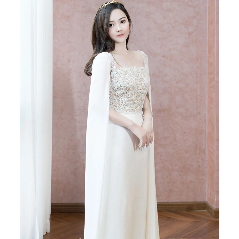 

Women Banquet Evening Dress Elegant Lace White Square Neck Long Cape Mermaid Celebrity Cocktail Prom Gonws Floor-length Vestidos