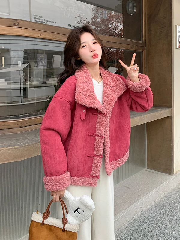 Pink Lamb Fur Jaet Women's ort Sle Warmth Inteated Leather And Fur Autumn And Winter New Faion Anti-Aging Outerwear