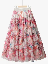 Spring Summer Plus Size Long Skirts Women Printed A Line Skirts Girls High Waist Mesh Skirts Cake Skirt